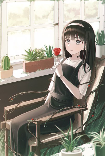 Anime picture 1200x1785 with original youngsok single long hair tall image fringe black hair sitting holding looking away indoors parted lips grey eyes tattoo doll joints girl dress flower (flowers) plant (plants) window