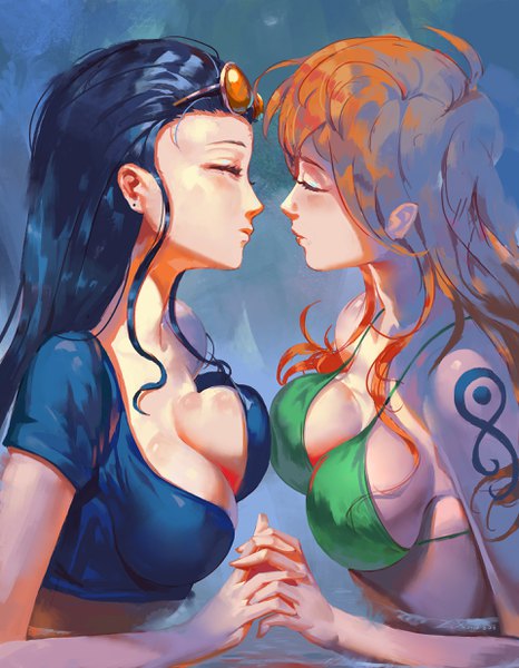 Anime picture 1920x2468 with one piece toei animation nami (one piece) nico robin old zhang long hair tall image blush fringe highres breasts light erotic black hair large breasts bare shoulders multiple girls cleavage eyes closed profile orange hair