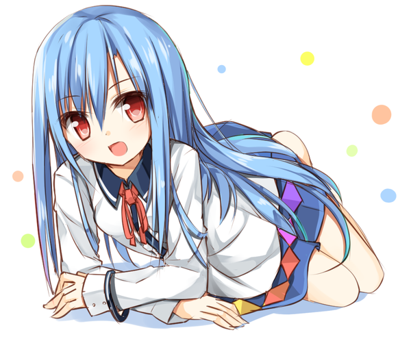 Anime picture 1000x830 with touhou hinanawi tenshi yuuhagi (artist) single long hair looking at viewer blush fringe open mouth simple background smile red eyes blue hair lying long sleeves reclining no hat girl skirt ribbon (ribbons)