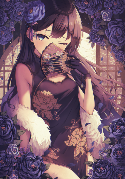 Anime picture 3000x4300 with original ryuinu single long hair tall image looking at viewer fringe highres blue eyes brown hair holding indoors traditional clothes one eye closed arm up hair flower wink floral print chinese clothes side slit