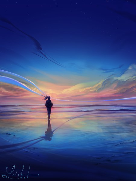 Anime picture 809x1076 with original loish single long hair tall image cloud (clouds) full body ponytail wind night night sky walking sand silhouette morning sunrise girl star (stars) wave (waves)