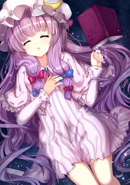 Anime picture 868x1227 with touhou patchouli knowledge shanguier single long hair tall image fringe purple hair lying blunt bangs eyes closed parted lips magic hand on chest striped girl dress bow hair bow book (books)