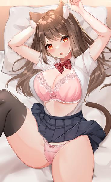 Anime picture 921x1500 with original katsushika pachi single long hair tall image looking at viewer blush fringe breasts open mouth light erotic red eyes brown hair large breasts animal ears cleavage bent knee (knees) indoors tail lying