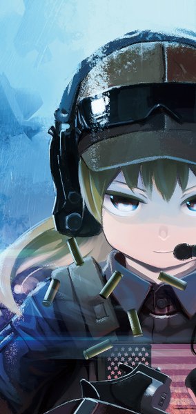 Anime picture 600x1265 with battlefield shamonabe (pypyworks) single long hair tall image looking at viewer fringe blue eyes blonde hair snow girl uniform headphones military uniform goggles flat cap flag shell casing american flag