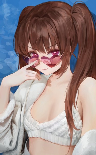 Anime picture 954x1533 with original llttyyyuu single long hair tall image looking at viewer breasts light erotic smile brown hair twintails bare shoulders upper body pink eyes off shoulder fur trim symbol-shaped pupils heart-shaped pupils adjusting sunglasses girl