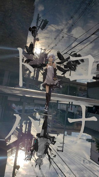 Anime picture 1151x2048 with original hzw3 single tall image looking at viewer short hair bare shoulders sky cloud (clouds) full body outdoors grey hair hieroglyph reflection flock girl animal water headphones bird (birds)