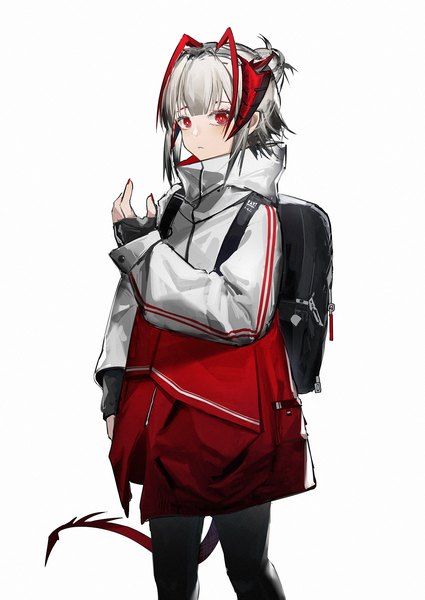 Anime picture 1200x1694 with arknights w (arknights) yuuki mix single tall image looking at viewer fringe short hair simple background red eyes standing white background silver hair tail blunt bangs long sleeves horn (horns) alternate costume sleeves past wrists popped collar