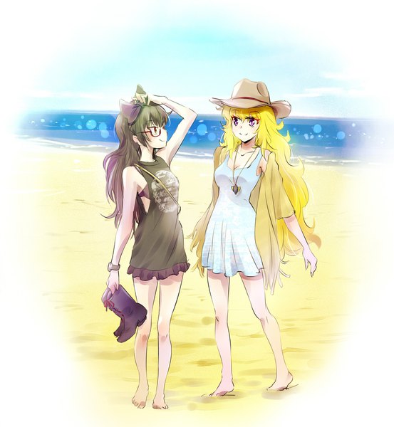 Anime picture 1846x2000 with rwby rooster teeth blake belladonna yang xiao long iesupa long hair tall image highres black hair blonde hair smile purple eyes multiple girls yellow eyes full body barefoot alternate costume beach eye contact bespectacled