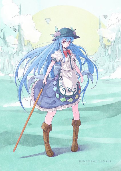 Anime picture 707x1000 with touhou hinanawi tenshi satyuas single long hair tall image looking at viewer fringe hair between eyes red eyes standing blue hair full body outdoors copyright name character names girl weapon hat sword