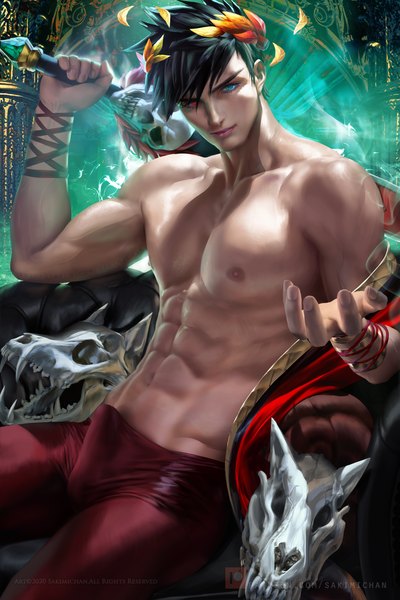 Anime picture 2400x3600 with hades (game) zagreus (hades) sakimichan single tall image looking at viewer fringe highres short hair blue eyes light erotic black hair hair between eyes red eyes sitting holding realistic off shoulder watermark muscle