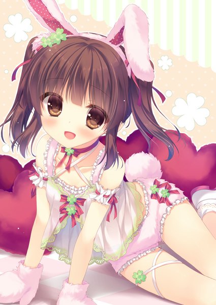 Anime picture 637x900 with idolmaster idolmaster cinderella girls ogata chieri yukie (peach candy) single tall image blush fringe short hair brown hair twintails brown eyes animal ears tail bunny ears fake animal ears happy girl gloves ribbon (ribbons)