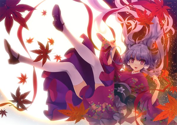 Anime picture 4601x3249 with original eshi 100-nin ten kuroya shinobu single long hair blush highres open mouth red eyes absurdres traditional clothes japanese clothes grey hair girl thighhighs ribbon (ribbons) white thighhighs kimono leaf (leaves) moon