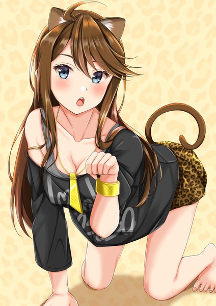 Anime picture 2894x4093 with idolmaster idolmaster million live! tokoro megumi yuzuyu (hyui) single long hair tall image looking at viewer blush fringe highres open mouth blue eyes light erotic simple background hair between eyes brown hair animal ears payot cleavage