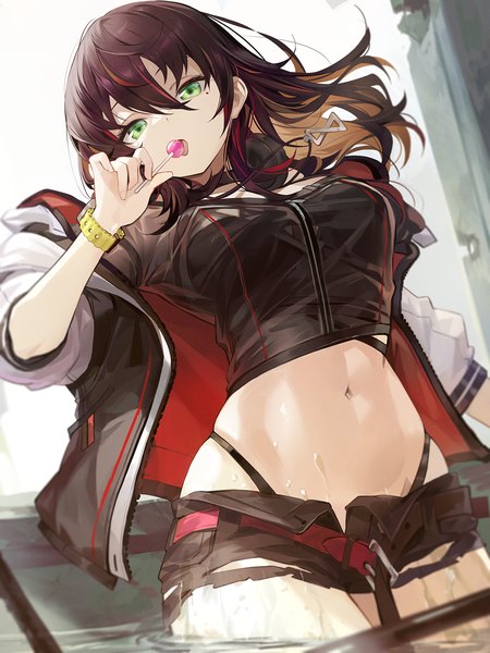 Anime picture 1313x1750 with original goomrrat single long hair tall image looking at viewer fringe light erotic hair between eyes brown hair standing green eyes multicolored hair mole open jacket from below midriff streaked hair mole under eye partially submerged