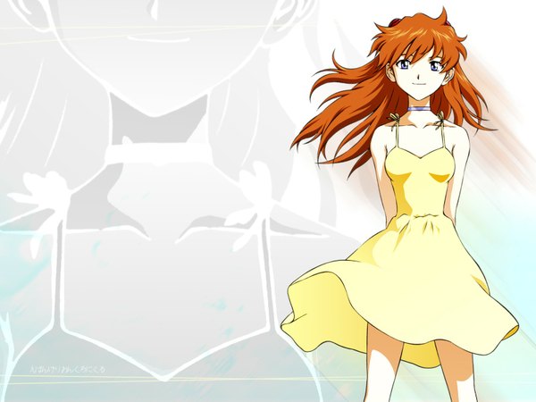 Anime picture 1600x1200 with neon genesis evangelion gainax soryu asuka langley single long hair looking at viewer fringe blue eyes smile brown hair bare shoulders wind bare legs hands behind back zoom layer girl dress hair ornament choker sundress