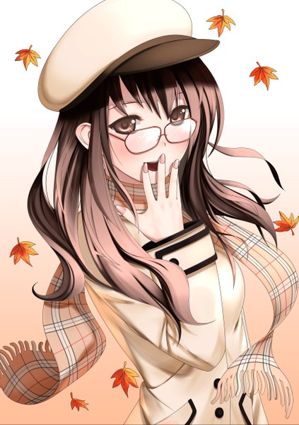 Anime picture 1748x2480 with original kinugasa yuuichi single long hair tall image highres open mouth black hair simple background brown hair white background brown eyes nail polish girl glasses scarf leaf (leaves) beret coat flat cap