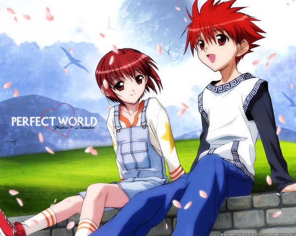 Anime picture 1280x1024 with d.n.angel xebec niwa daisuke harada riku fringe short hair open mouth hair between eyes red eyes sitting looking away sky outdoors red hair long sleeves wind sunlight inscription mountain girl