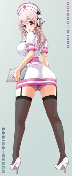 Anime picture 865x2100 with nitroplus super sonico v-mag single long hair tall image blush breasts open mouth light erotic red eyes pink hair looking back nurse girl thighhighs uniform black thighhighs headphones nurse cap