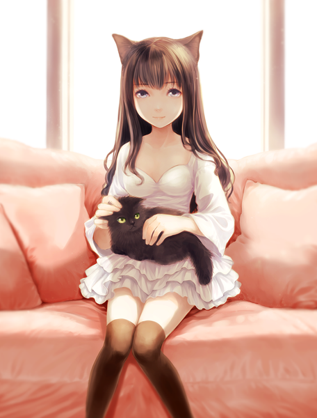 Anime picture 761x1000 with original soujirou single long hair tall image blue eyes brown hair animal ears cat ears girl thighhighs dress black thighhighs animal cat couch