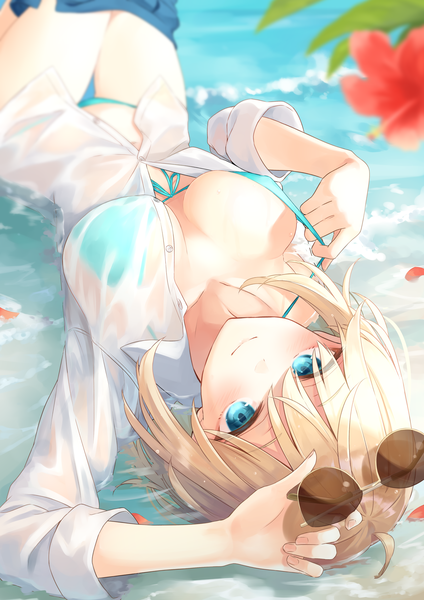 Anime picture 2894x4093 with original azuuru single long hair tall image looking at viewer blush fringe highres breasts blue eyes light erotic blonde hair smile hair between eyes payot ahoge outdoors lying arm up