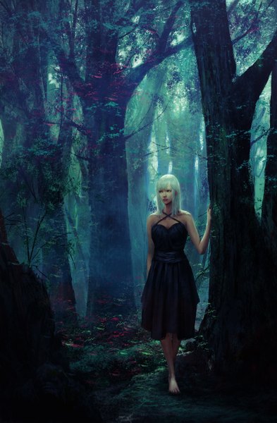 Anime picture 800x1219 with original kakotomirai single long hair tall image fringe blue eyes standing bare shoulders white hair barefoot realistic no shoes girl dress flower (flowers) plant (plants) tree (trees) black dress forest