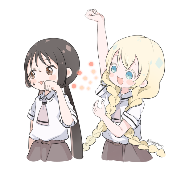 Anime picture 900x900 with asobi asobase olivia (asobi asobase) honda hanako captain yue long hair open mouth blue eyes black hair blonde hair simple background brown hair white background twintails multiple girls signed upper body braid (braids) :d arm up sweat