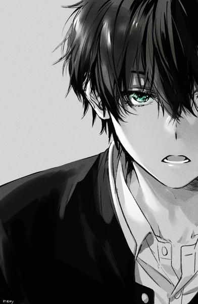 Anime picture 653x1000 with hyouka kyoto animation oreki houtarou mery (yangmalgage) single tall image looking at viewer fringe short hair open mouth simple background hair between eyes green eyes signed upper body grey background teeth monochrome open collar spot color