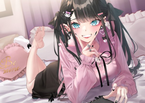 Anime picture 4093x2894 with original mirea single long hair looking at viewer blush fringe highres black hair smile twintails payot absurdres full body indoors lying blunt bangs long sleeves nail polish aqua eyes