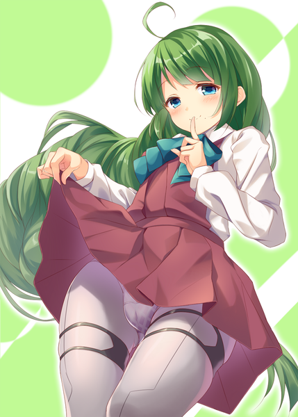 Anime picture 1036x1449 with kantai collection yuugumo destroyer mafuyun single tall image blush blue eyes light erotic smile ahoge very long hair green hair from below finger to mouth skirt lift girl skirt uniform underwear panties