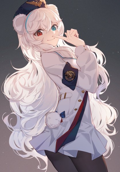 Anime picture 1392x2000 with arknights rosa (arknights) nian (zhanian) single long hair tall image looking at viewer fringe blue eyes simple background smile hair between eyes red eyes animal ears white hair multicolored hair grey background two-tone hair streaked hair heterochromia