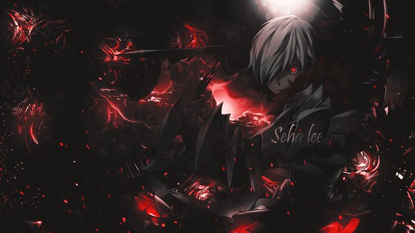 Anime picture 1920x1080 with closers lee seha aditalfian single looking at viewer fringe highres short hair red eyes wide image grey hair hair over one eye wallpaper character names boy weapon sword armor
