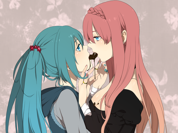 Anime picture 1600x1200 with vocaloid hatsune miku megurine luka kurono yuu long hair blue eyes multiple girls pink hair nail polish green hair mouth hold shoujo ai eating face to face girl 2 girls food heart sweets ring