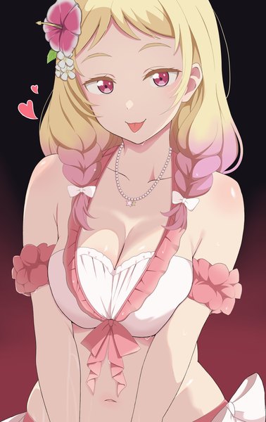 Anime-Bild 2377x3773 mit hello!!! love live! sunrise (studio) love live! onitsuka natsumi zanpon single long hair tall image looking at viewer highres breasts light erotic simple background blonde hair smile large breasts cleavage upper body braid (braids) pink eyes