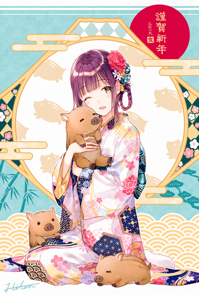 Anime picture 1000x1480 with original hiten (hitenkei) single long hair tall image looking at viewer blush fringe open mouth sitting holding signed yellow eyes payot purple hair full body braid (braids) traditional clothes japanese clothes one eye closed