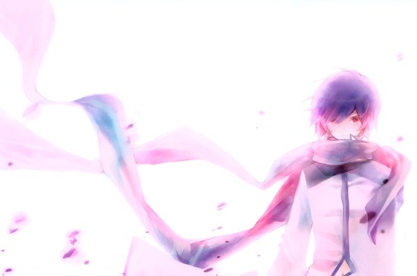 イラスト 6054x4016 と ボーカロイド kaito (vocaloid) shimeko ソロ highres 短い髪 simple background 赤い目 白背景 absurdres purple hair 風 scan 男性 襟巻き コート