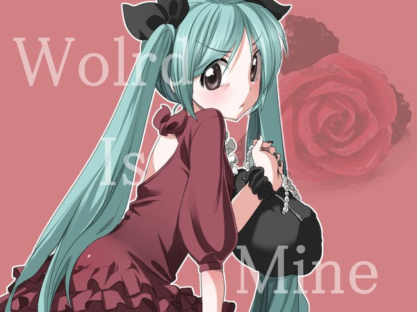 Anime picture 1024x768 with vocaloid world is mine (vocaloid) hatsune miku chupimaro twintails green hair girl dress flower (flowers) ribbon (ribbons) bag