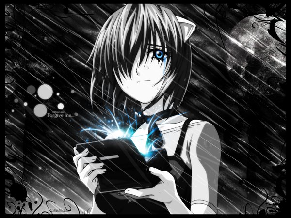 Anime picture 1600x1200 with elfen lied arms corporation lucy single looking at viewer fringe short hair blue eyes holding horn (horns) hair over one eye inscription night tears rain crying sad girl moon full moon