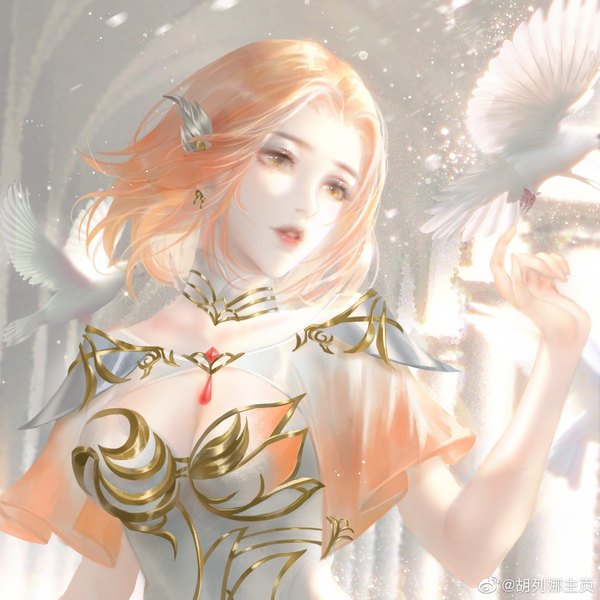 Anime picture 1280x1280 with douluo continent hu liena (douluo dalu) hu liena zhuye single short hair breasts yellow eyes looking away upper body parted lips orange hair realistic floating hair girl hair ornament earrings animal bird (birds) detached collar pigeon