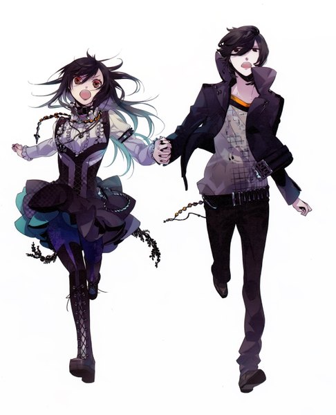 Anime picture 2346x2897 with vampire kisses raven (vk) alexander sterling kazuaki long hair tall image highres short hair open mouth black hair simple background smile red eyes brown hair white background brown eyes nail polish multicolored hair couple holding hands