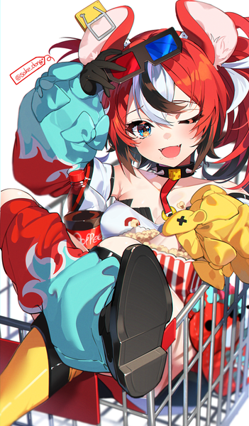Anime picture 1054x1800 with virtual youtuber hololive hololive english hakos baelz sake dong single long hair tall image looking at viewer fringe open mouth blue eyes simple background hair between eyes white background twintails signed animal ears red hair one eye closed