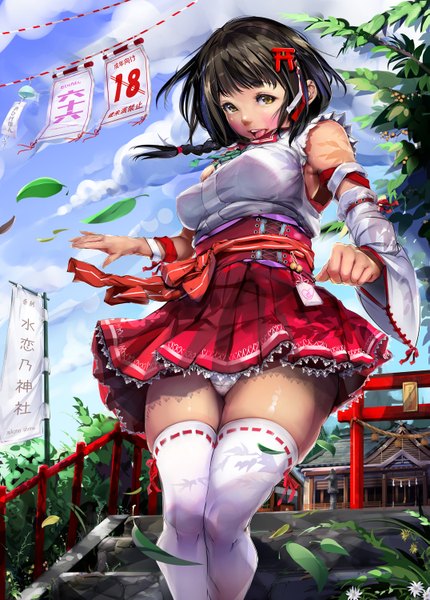 Anime picture 1075x1500 with original ohigetan single long hair tall image looking at viewer open mouth light erotic black hair brown eyes sky cloud (clouds) traditional clothes japanese clothes pantyshot miko girl thighhighs skirt underwear