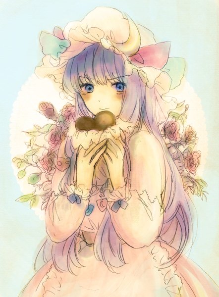 Anime picture 1192x1619 with touhou patchouli knowledge sugi (artist) single long hair tall image looking at viewer blush blue eyes purple hair girl dress flower (flowers) bonnet