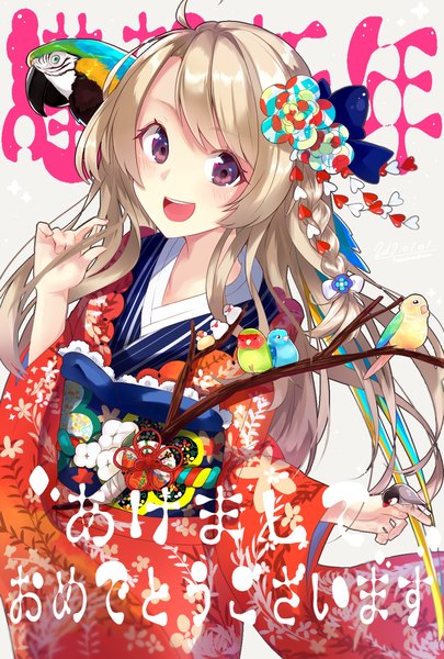 Anime picture 1181x1748 with original solanikieru single long hair tall image looking at viewer open mouth blonde hair purple eyes traditional clothes :d japanese clothes new year happy new year nengajou bird on hand akeome girl hair ornament animal