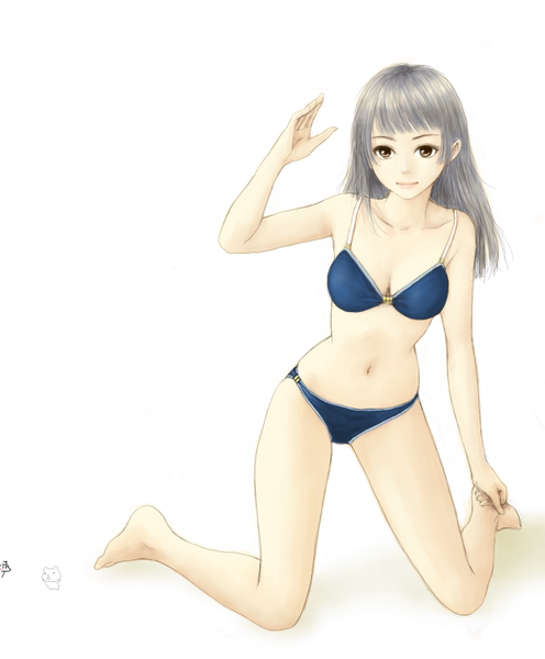 Anime picture 897x1085 with original erurodo (artist) single long hair tall image fringe breasts light erotic simple background white background bare shoulders brown eyes silver hair bent knee (knees) barefoot bare belly bare legs spread legs kneeling girl