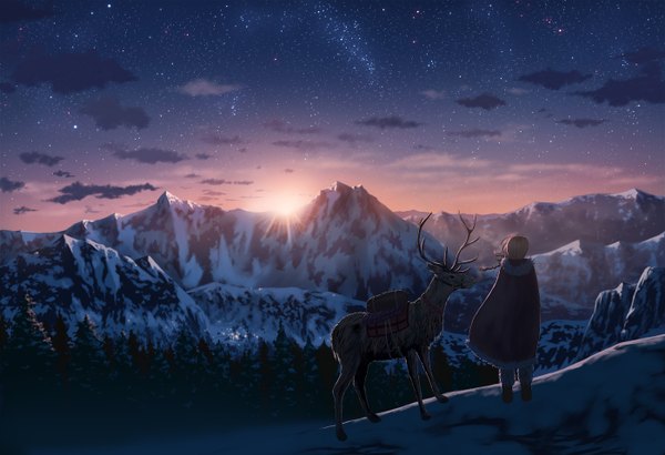 Anime picture 1400x958 with original doora (dora0913) single long hair blonde hair standing cloud (clouds) braid (braids) horn (horns) wind night night sky back winter mountain landscape revision morning sunrise girl