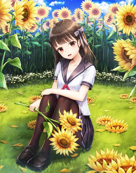 Anime picture 706x900 with original lunacle single long hair tall image looking at viewer blush fringe open mouth smile brown hair sitting holding brown eyes sky cloud (clouds) full body outdoors head tilt :d
