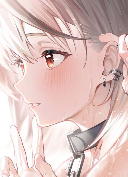 Anime picture 1488x2058 with virtual youtuber hololive sakamata chloe cute mdr single tall image blush red eyes looking away upper body parted lips grey hair wet piercing adjusting hair ear piercing face girl chain