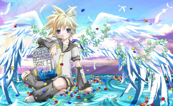 Anime picture 1249x768 with vocaloid kagamine len wide image sky wings water