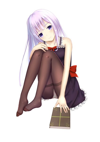 Anime picture 2480x3507 with original flan (seeyouflan) single long hair tall image looking at viewer fringe highres light erotic simple background smile white background sitting purple eyes purple hair full body bent knee (knees) head tilt no shoes legs