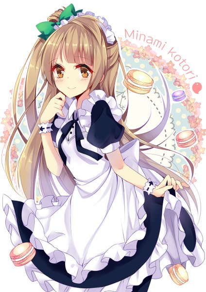 Anime picture 1000x1414 with love live! school idol project sunrise (studio) love live! minami kotori kazucha single long hair tall image looking at viewer smile brown hair brown eyes character names one side up waitress girl bow hair bow cookie (cookies) macaron